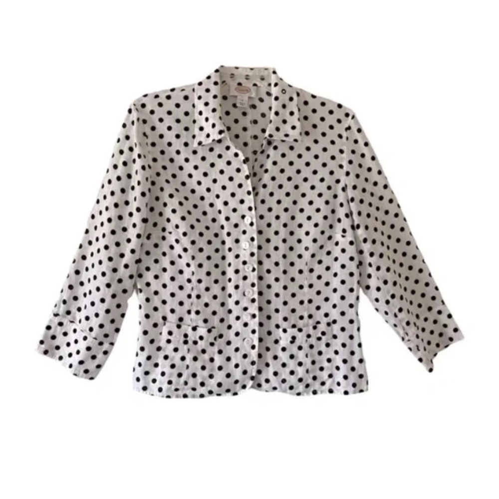 Talbots | White Black Linen Polka Dot Button Front Cropped Shirt, Size 10